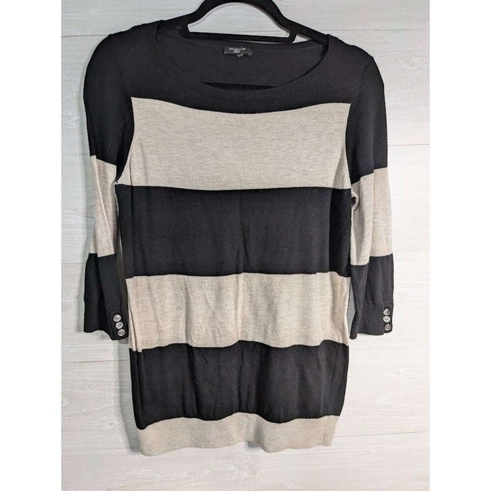 Ann Taylor Petite Light Striped Sweater PS Black Tan Wool Blend Button 3/4Sleeve